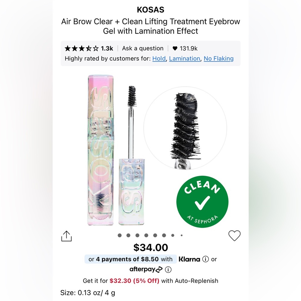 Kosas Air Brow Clear + Clean Lifting Treatment Eyebrow Gel with Lamination Effec